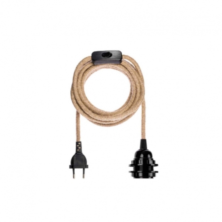 Suspension douille noire câble corde naturelle 